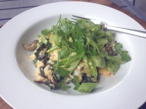 Scrambled Eggs with Mushrooms, Snow Peas & Fresh Herbs