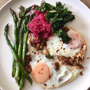 Spoonful of leftover chili — asparagus, sauerkraut & kale