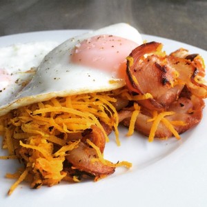 Fried grated pumpkin with bacon & eggs